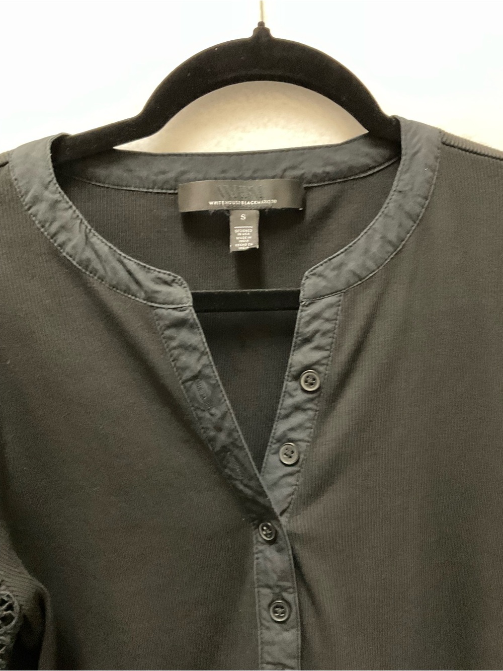 Black Eyelet Puff Sleeve Henley Top - Picture 5 of 7